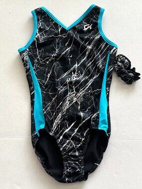 NWT GK Gymnastics Black/Blue Crackle Sleeveless Leotard with Scrunchie Size AS